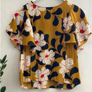Gorgeous bold mustard, black, white & red floral print, short bell sleeve top
